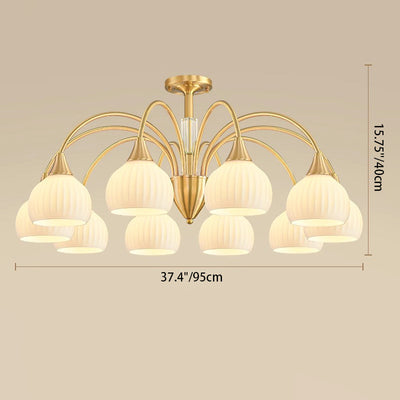 Traditional French Cream Round Cone Copper Glass Crystal 5/6/8/10 Light Chandelier For Bedroom