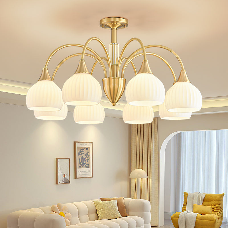 Traditional French Cream Round Cone Copper Glass Crystal 5/6/8/10 Light Chandelier For Bedroom