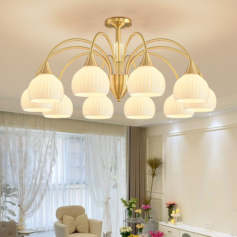 Traditional French Cream Round Cone Copper Glass Crystal 5/6/8/10 Light Chandelier For Bedroom