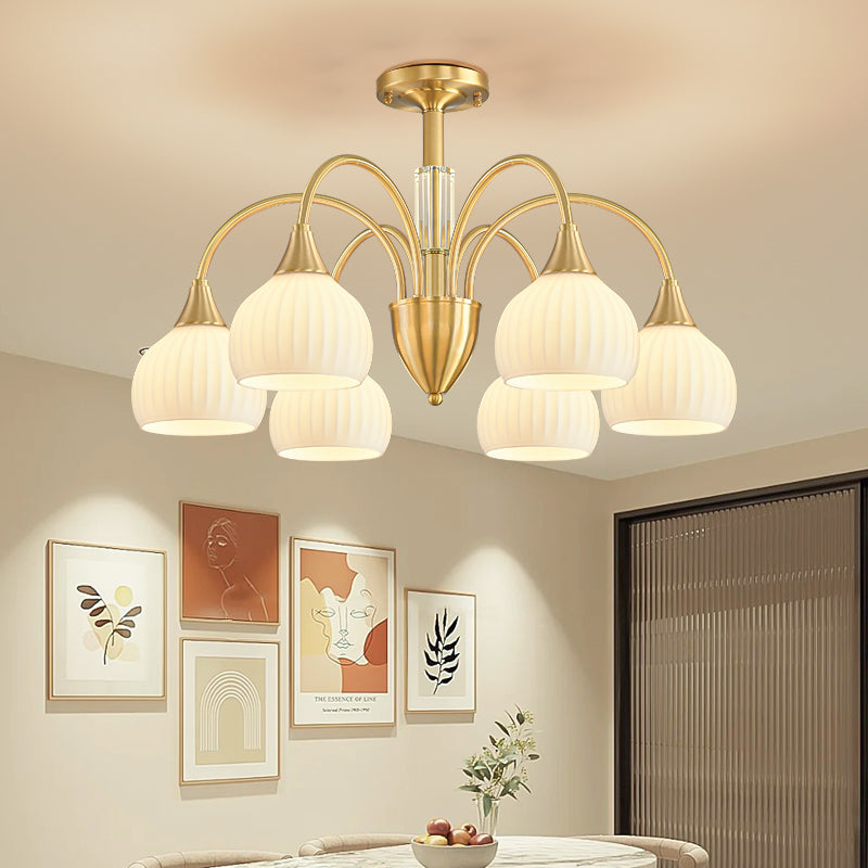 Traditional French Cream Round Cone Copper Glass Crystal 5/6/8/10 Light Chandelier For Bedroom