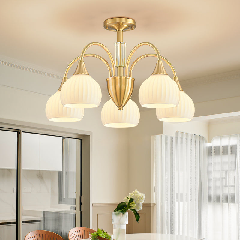 Traditional French Cream Round Cone Copper Glass Crystal 5/6/8/10 Light Chandelier For Bedroom