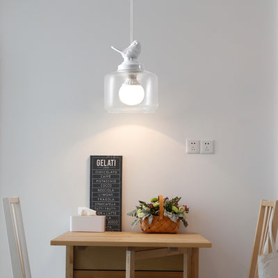 Contemporary Creative Bird Round Cylinder Resin Glass 1-Light Pendant Light For Dining Room