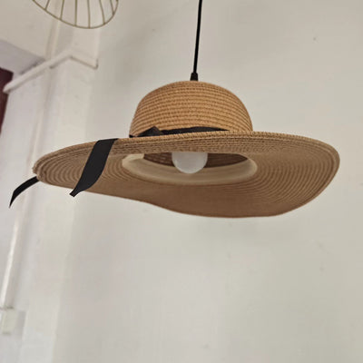 Contemporary Creative Hat Shape Round Straw Vine 1-Light Pendant Light For Living Room