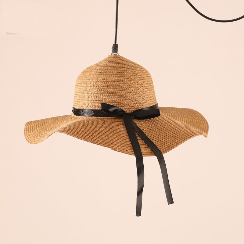 Contemporary Creative Hat Shape Round Straw Vine 1-Light Pendant Light For Living Room