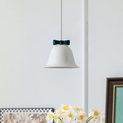 Contemporary Scandinavian Cream Bell Bow Tie Round Iron 1-Light Pendant Light For Bedroom