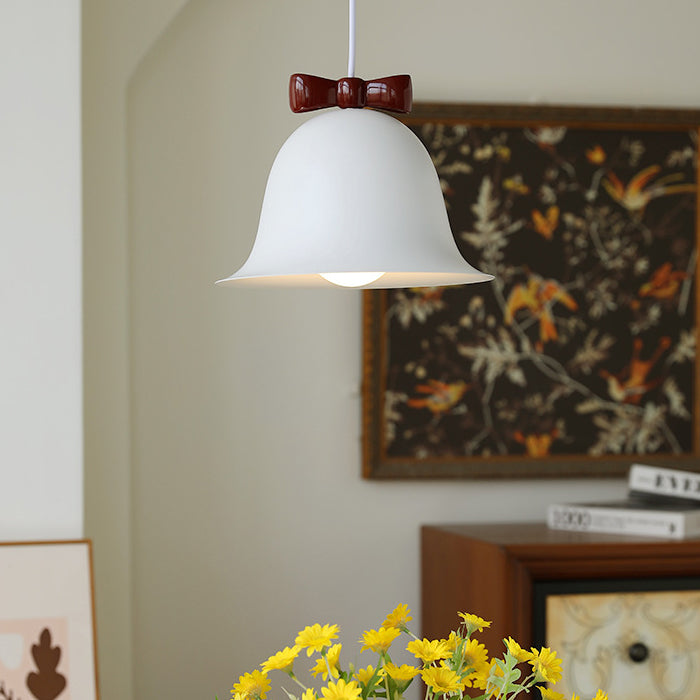 Contemporary Scandinavian Cream Bell Bow Tie Round Iron 1-Light Pendant Light For Bedroom