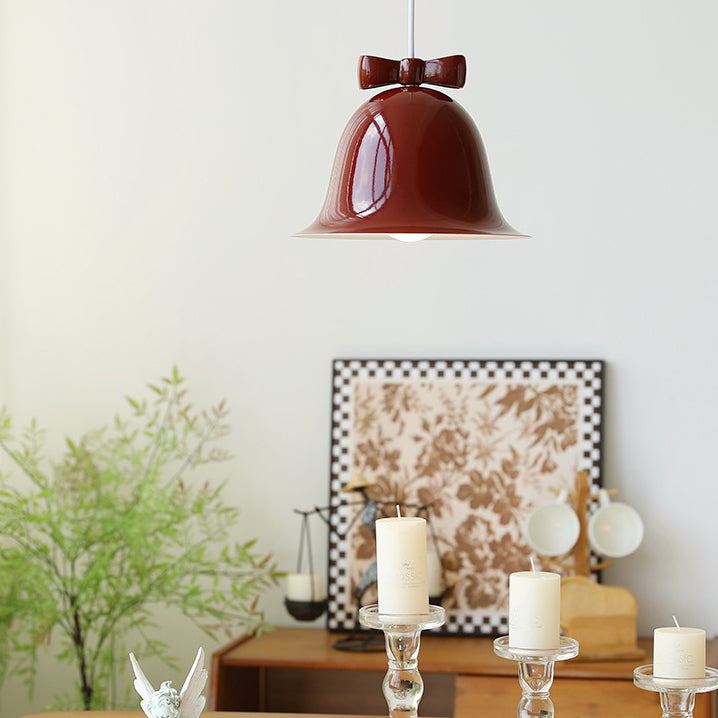 Contemporary Scandinavian Cream Bell Bow Tie Round Iron 1-Light Pendant Light For Bedroom