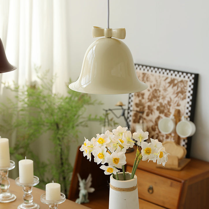 Contemporary Scandinavian Cream Bell Bow Tie Round Iron 1-Light Pendant Light For Bedroom