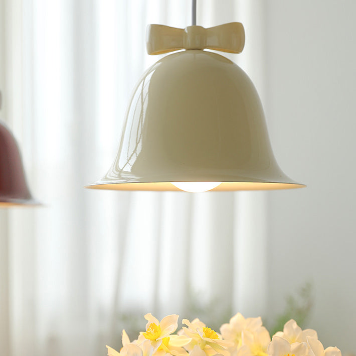 Contemporary Scandinavian Cream Bell Bow Tie Round Iron 1-Light Pendant Light For Bedroom