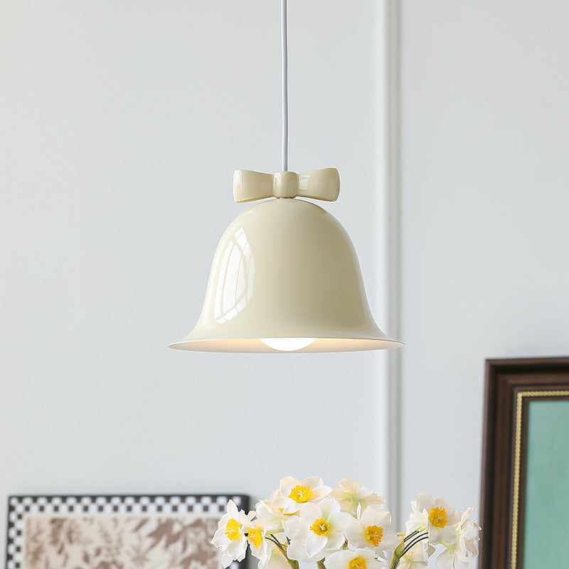 Contemporary Scandinavian Cream Bell Bow Tie Round Iron 1-Light Pendant Light For Bedroom