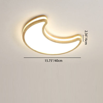 Contemporary Creative Moon Shape Rubberwood Acrylic LED Flush Mount Ceiling Light For Bedroom