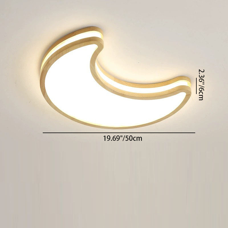 Contemporary Creative Moon Shape Rubberwood Acrylic LED Flush Mount Ceiling Light For Bedroom