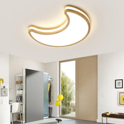 Contemporary Creative Moon Shape Rubberwood Acrylic LED Flush Mount Ceiling Light For Bedroom