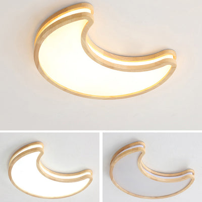 Contemporary Creative Moon Shape Rubberwood Acrylic LED Flush Mount Ceiling Light For Bedroom