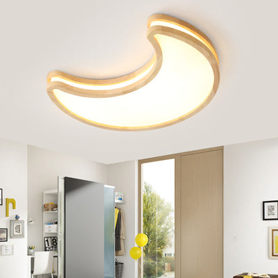 Contemporary Creative Moon Shape Rubberwood Acrylic LED Flush Mount Ceiling Light For Bedroom