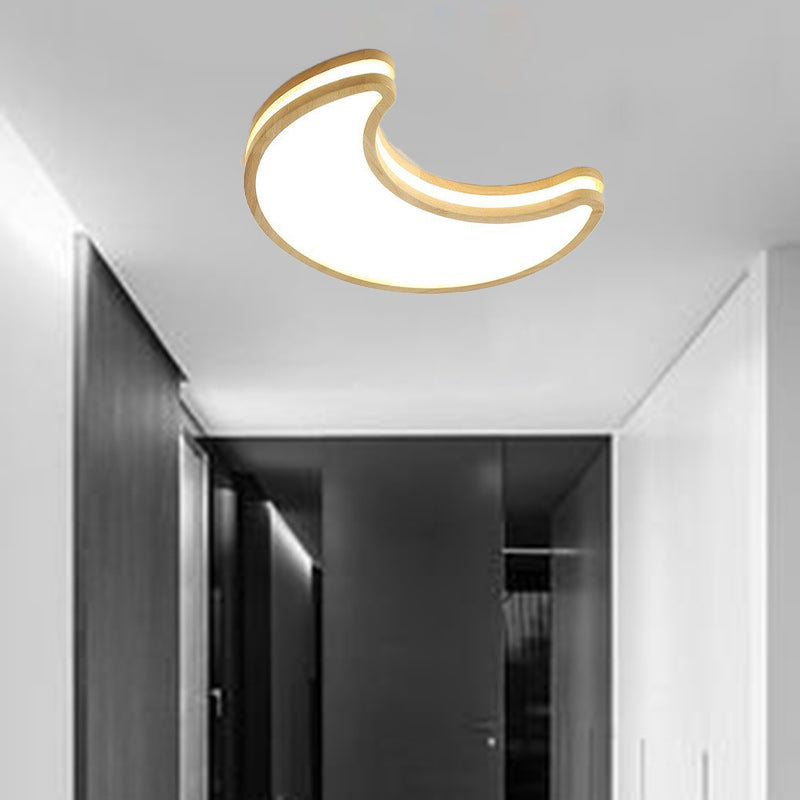 Contemporary Creative Moon Shape Rubberwood Acrylic LED Flush Mount Ceiling Light For Bedroom