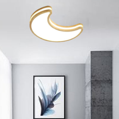 Contemporary Creative Moon Shape Rubberwood Acrylic LED Flush Mount Ceiling Light For Bedroom