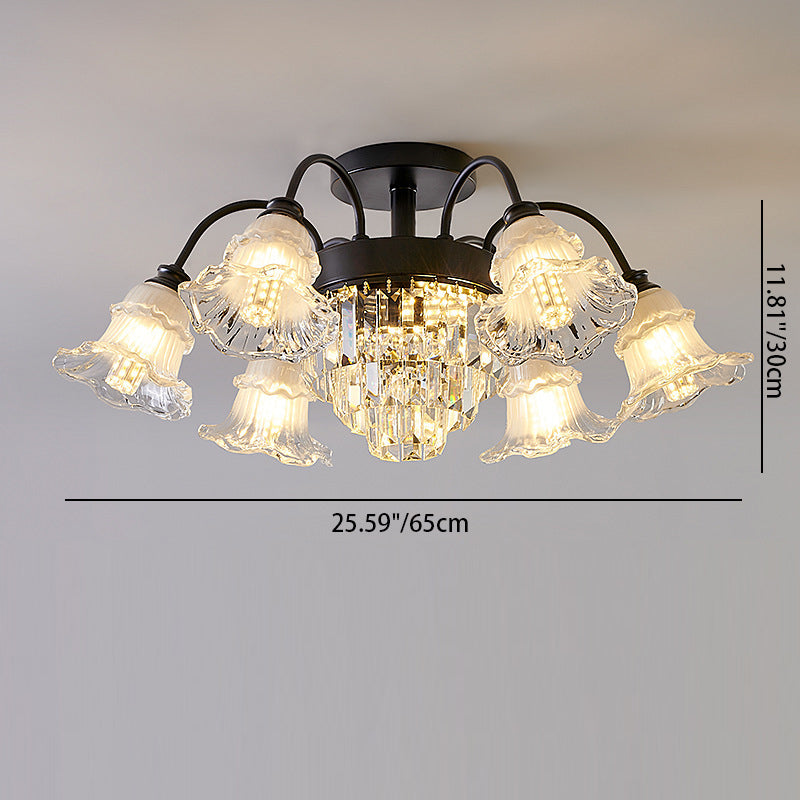 Traditional French Flower Shape Round Iron Crystal 3/6/8 Light Semi-Flush Mount Ceiling Light For Living Room