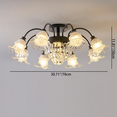 Traditional French Flower Shape Round Iron Crystal 3/6/8 Light Semi-Flush Mount Ceiling Light For Living Room