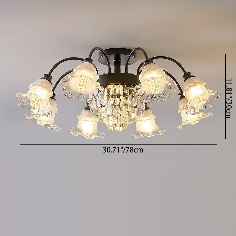 Traditional French Flower Shape Round Iron Crystal 3/6/8 Light Semi-Flush Mount Ceiling Light For Living Room