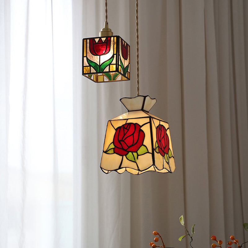 Modern Art Deco Clover Tulip Rose Round Square Cone Copper Glass 1-Light Pendant Light For Bedroom