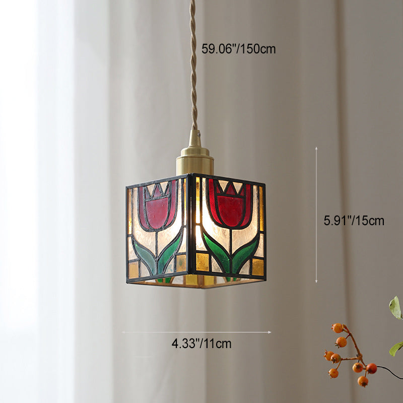 Modern Art Deco Clover Tulip Rose Round Square Cone Copper Glass 1-Light Pendant Light For Bedroom