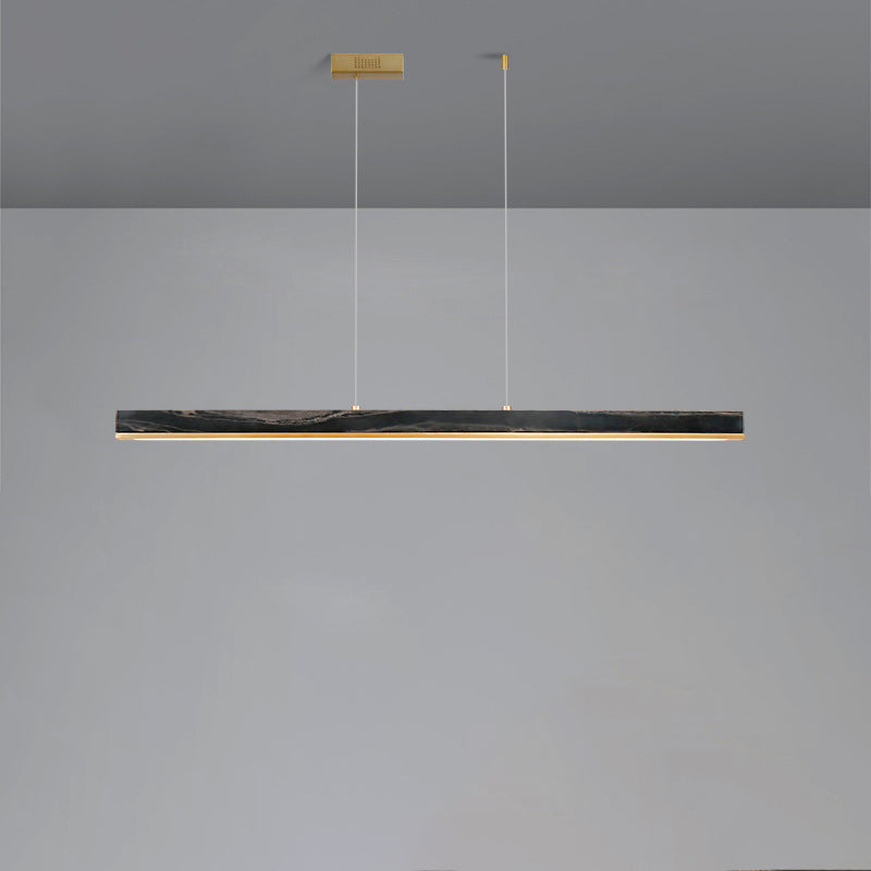 Modern Minimalist Rectangular Linear Copper Marble LED Island Light Chandelier For Dining Room