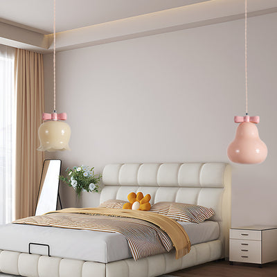 Contemporary Creative Pear Chimes Orchid Bow Shape Round Iron Glass Ceramic 1-Light Pendant Light For Bedroom