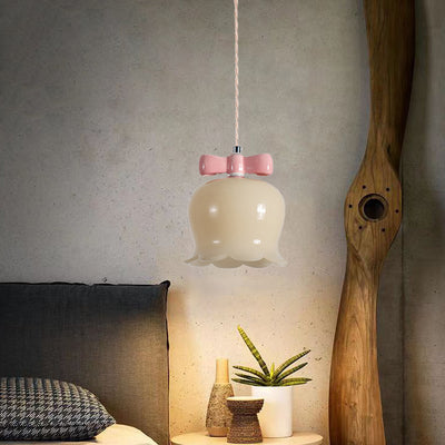 Contemporary Creative Pear Chimes Orchid Bow Shape Round Iron Glass Ceramic 1-Light Pendant Light For Bedroom