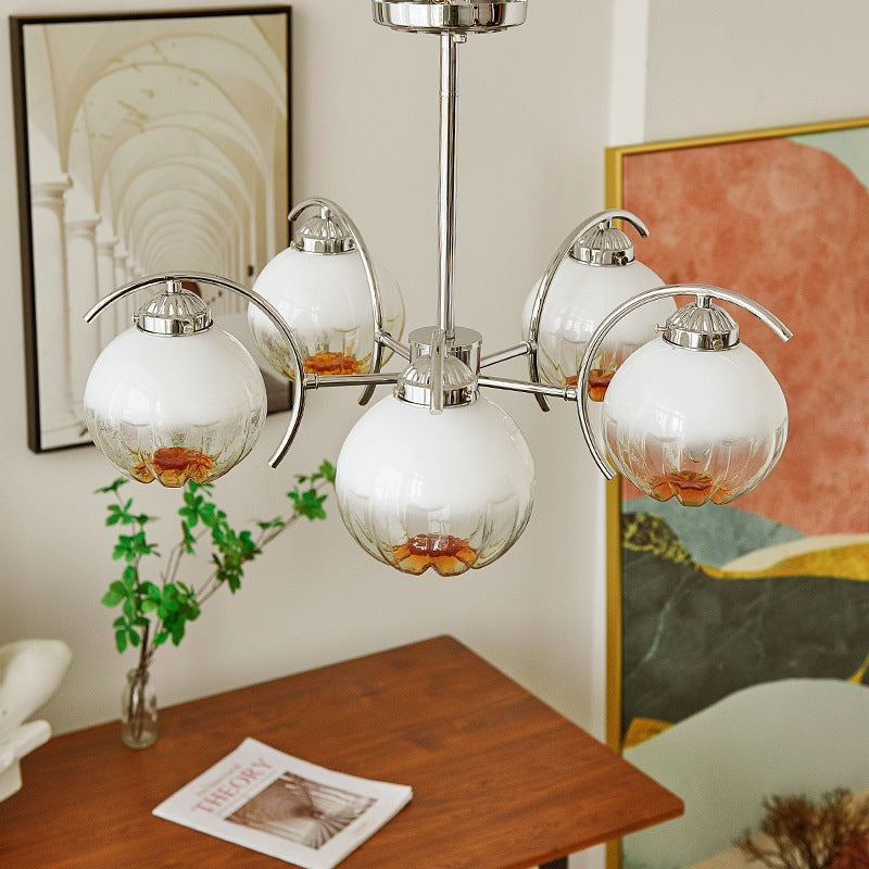 Contemporary Scandinavian Flower Bud Round Hardware Glass 3/5/8 Light Chandelier For Bedroom