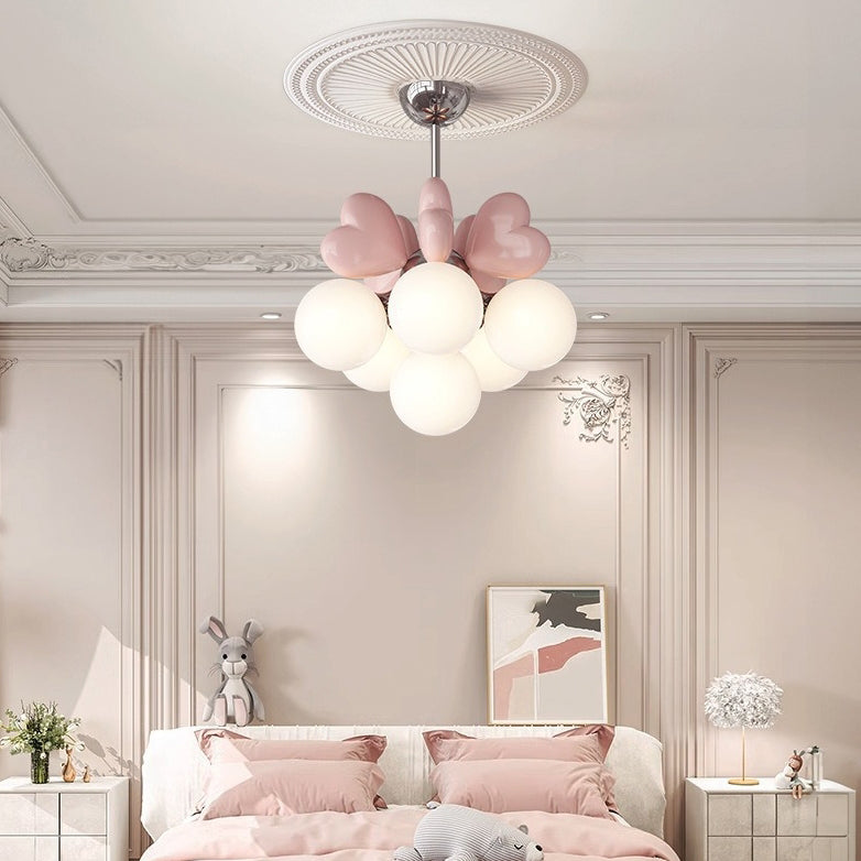 Contemporary Scandinavian Cream Love Heart Kids Round Orb Hardware Resin PE 4/6 Light Chandelier For Bedroom