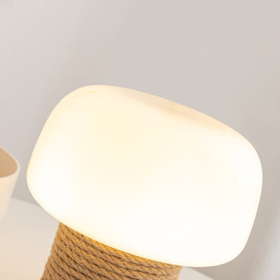 Contemporary Creative Cream Mushroom Round Cylinder Wood Hemp Rope Glass 1-Light Table Lamp For Bedroom