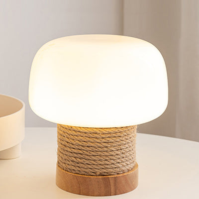 Contemporary Creative Cream Mushroom Round Cylinder Wood Hemp Rope Glass 1-Light Table Lamp For Bedroom