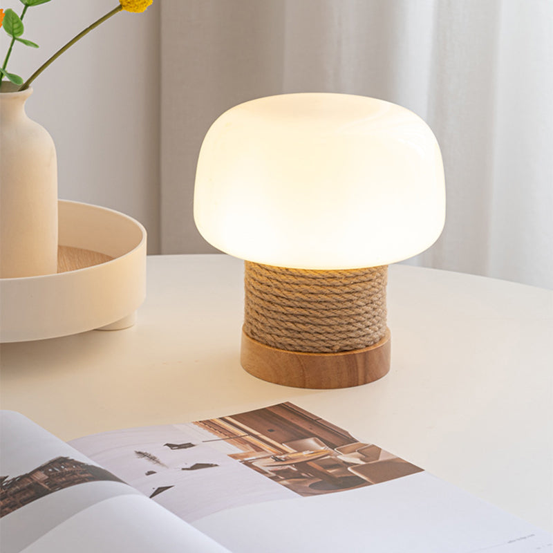 Contemporary Creative Cream Mushroom Round Cylinder Wood Hemp Rope Glass 1-Light Table Lamp For Bedroom