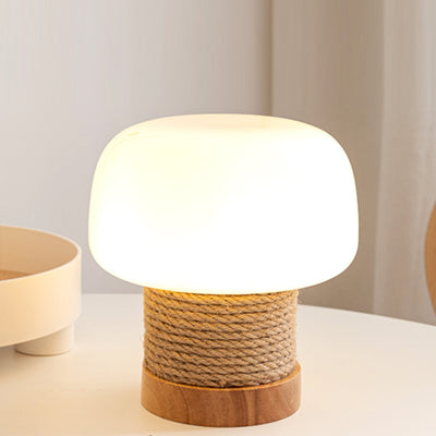 Contemporary Creative Cream Mushroom Round Cylinder Wood Hemp Rope Glass 1-Light Table Lamp For Bedroom