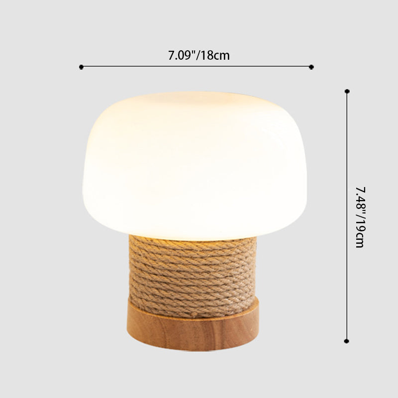 Contemporary Creative Cream Mushroom Round Cylinder Wood Hemp Rope Glass 1-Light Table Lamp For Bedroom