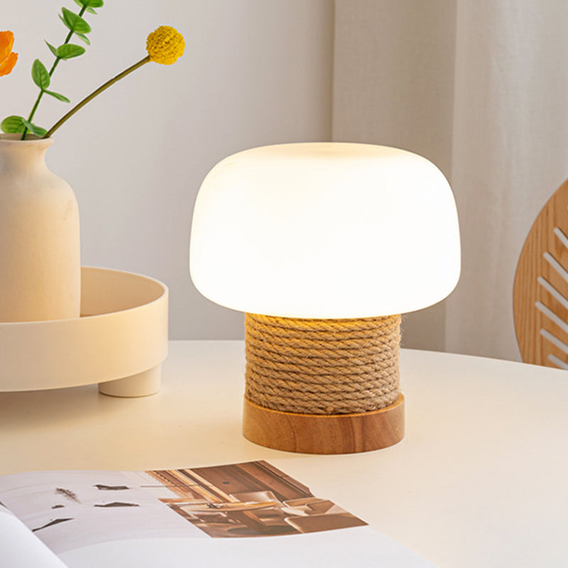 Contemporary Creative Cream Mushroom Round Cylinder Wood Hemp Rope Glass 1-Light Table Lamp For Bedroom