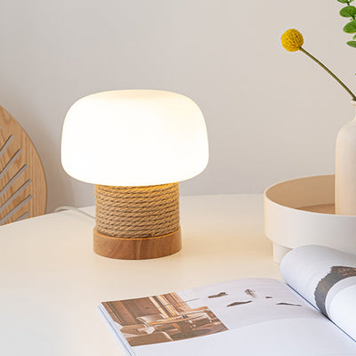 Contemporary Creative Cream Mushroom Round Cylinder Wood Hemp Rope Glass 1-Light Table Lamp For Bedroom