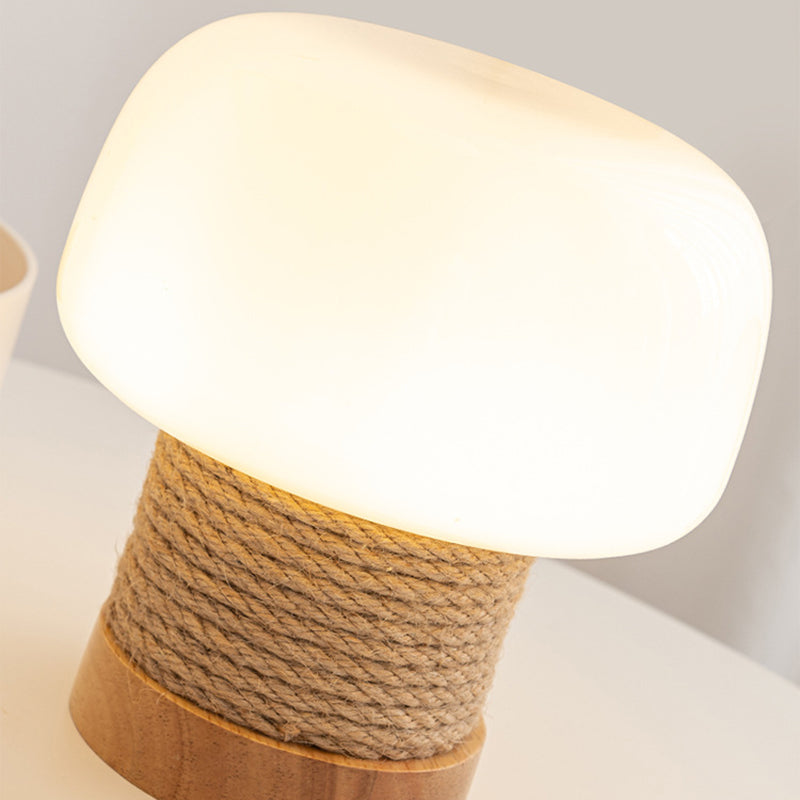 Contemporary Creative Cream Mushroom Round Cylinder Wood Hemp Rope Glass 1-Light Table Lamp For Bedroom