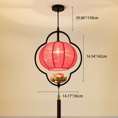 Traditional Chinese Round Oval Iron Fabric 1-Light Pendant Light For Living Room