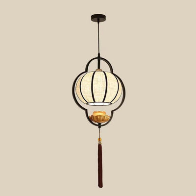 Traditional Chinese Round Oval Iron Fabric 1-Light Pendant Light For Living Room