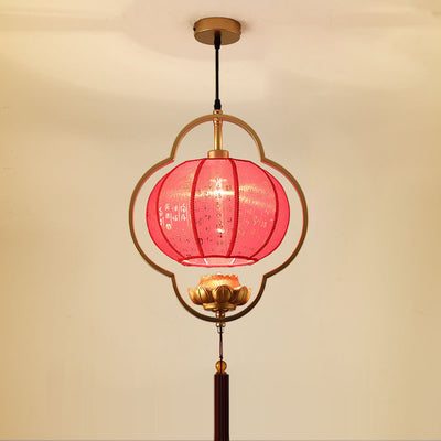 Traditional Chinese Round Oval Iron Fabric 1-Light Pendant Light For Living Room