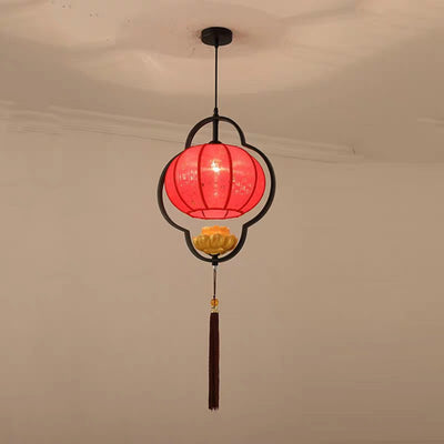 Traditional Chinese Round Oval Iron Fabric 1-Light Pendant Light For Living Room