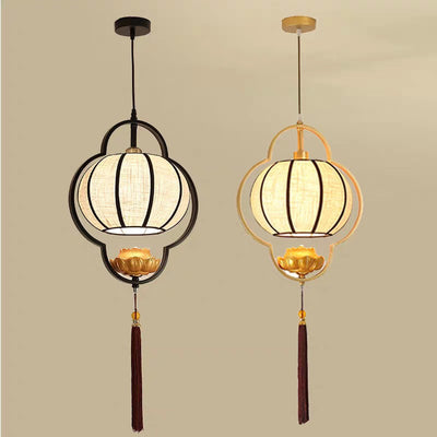 Traditional Chinese Round Oval Iron Fabric 1-Light Pendant Light For Living Room