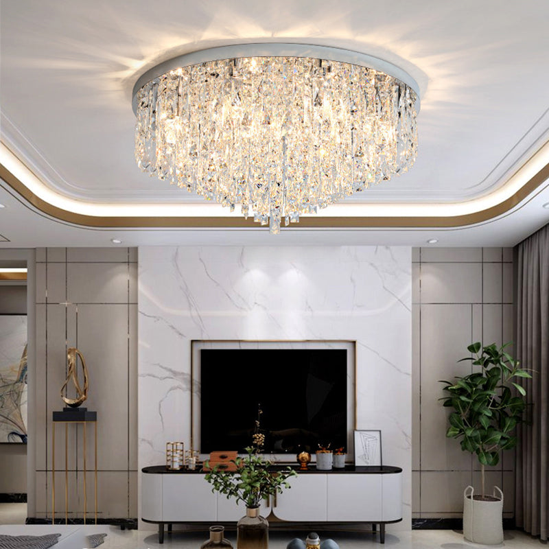 Modern Luxury Tassel Round Dome Stainless Steel Crystal 3/5/8 Light Flush Mount Ceiling Light For Bedroom