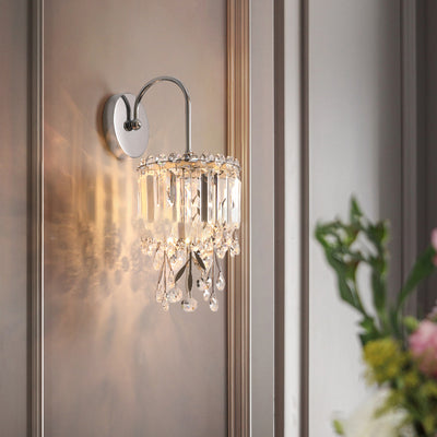 Modern Luxury Round Cylinder Hardware Stainless Steel Crystal 1-Light Wall Sconce Lamp For Bedroom