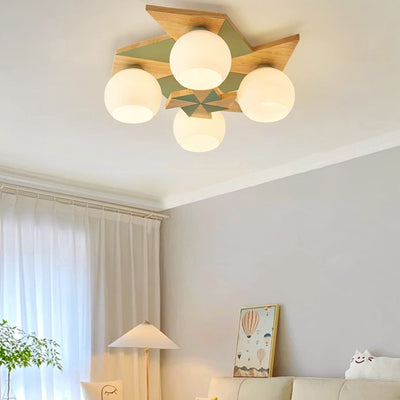 Contemporary Scandinavian Windmill Orb Round Iron Oak Acrylic 4-Light Semi-Flush Mount Ceiling Light For Bedroom