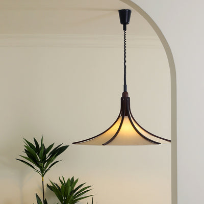 Modern Mid-Century Horn Shape Round Cone Wood Fabric 1-Light Pendant Light For Dining Room