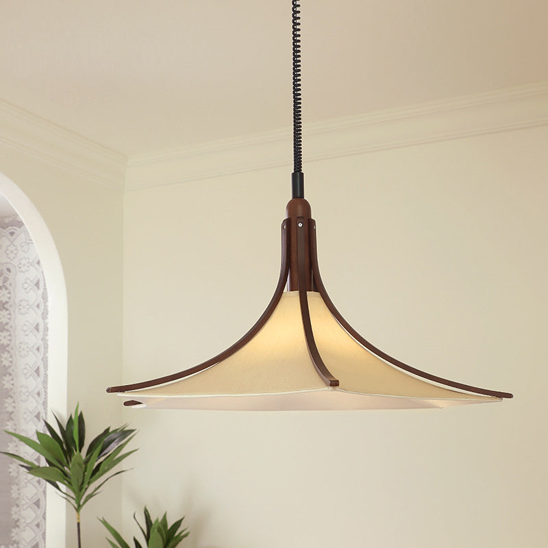 Modern Mid-Century Horn Shape Round Cone Wood Fabric 1-Light Pendant Light For Dining Room