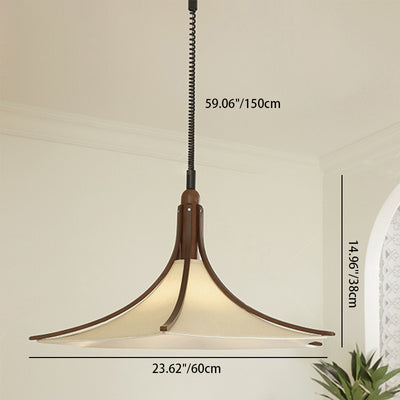 Modern Mid-Century Horn Shape Round Cone Wood Fabric 1-Light Pendant Light For Dining Room